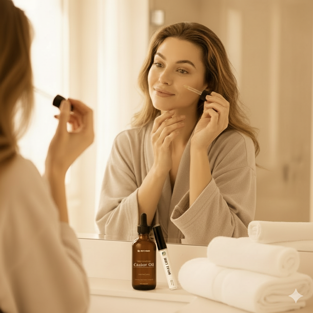 Woman applying castor oil to her face in front of a mirror as part of a natural skincare routine, promoting healthy glowing skin.