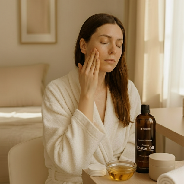 Woman with closed eyes applying 200ml castor oil on her face with palm, sitting on a chair at table with skincare products and gua sha in front